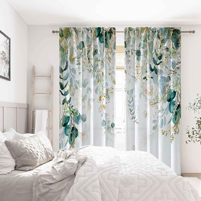 Gold Green Curtains 84 Inches Long Sage Green Leaves Light Filtering Curtain White Floral Drapes for Living Room Farmhouse Leaf Retro Elegant Window Curtains for Bedroom 2 Panels