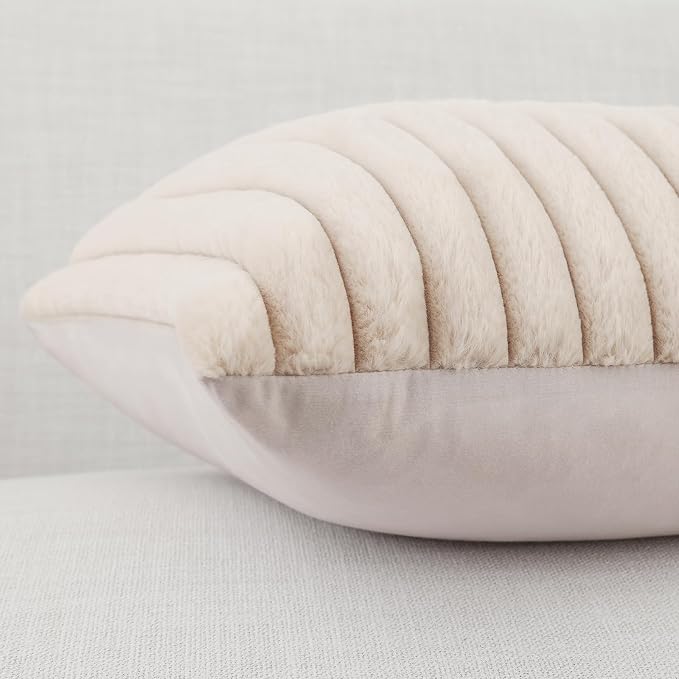 Pallene Faux Fur Plush Throw Pillow Covers 22x22 Set of 2, Luxury Soft Fluffy Striped Decorative Pillow Covers for Sofa, Couch, Living Room, Apricot