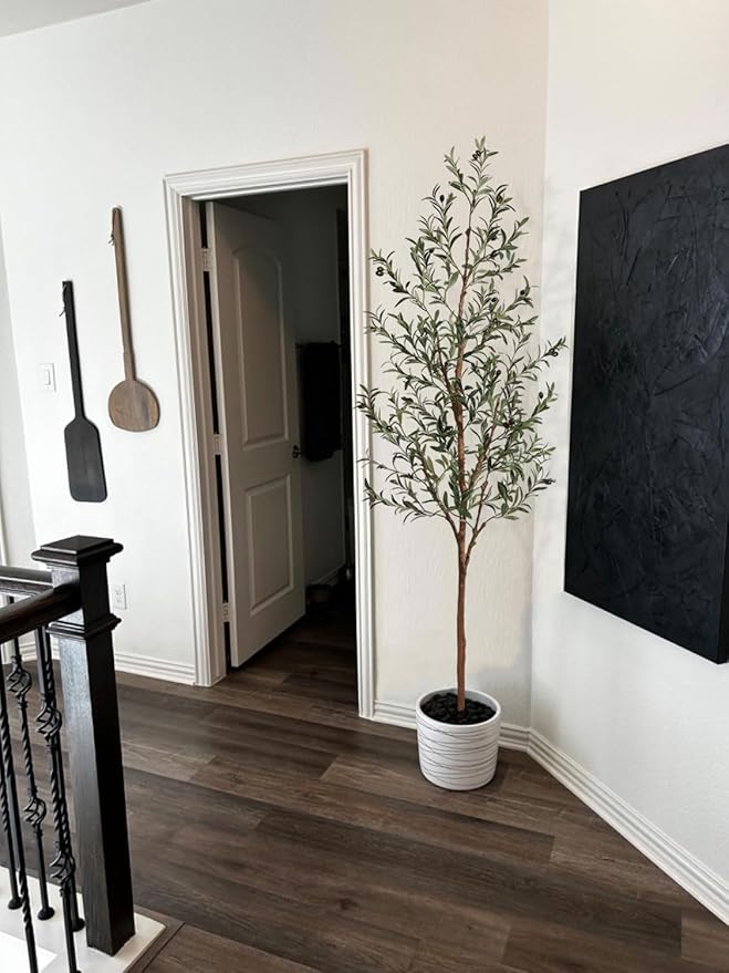 Aveyas 7ft Artificial Olive Tree for Home Decor, 7 Feet Large Faux Plant Fake Skinny Silk Trees with Black Olivo for Indoor Outdoor House Living Room Office (7 ft Tall)