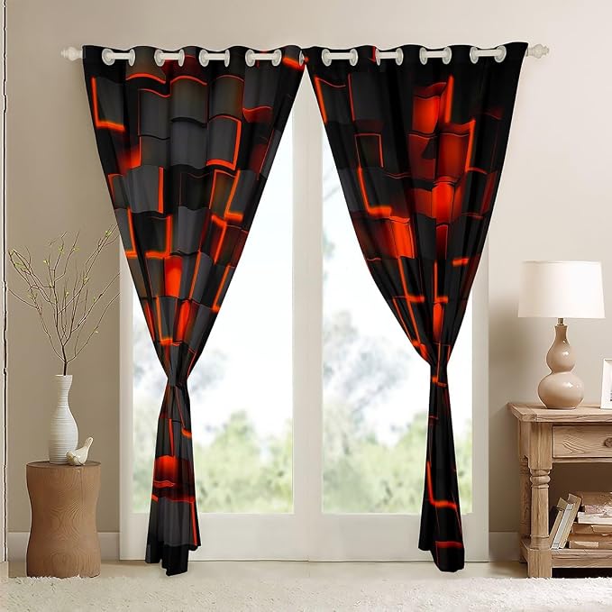 Feelyou Orange and Black Darkening Drapes (2 Panels, 42 x 84 Inch) Light Geometric Curtains for Bedroom Living Room Girls Decor Blackout Curtains Modern Style Window Treatments