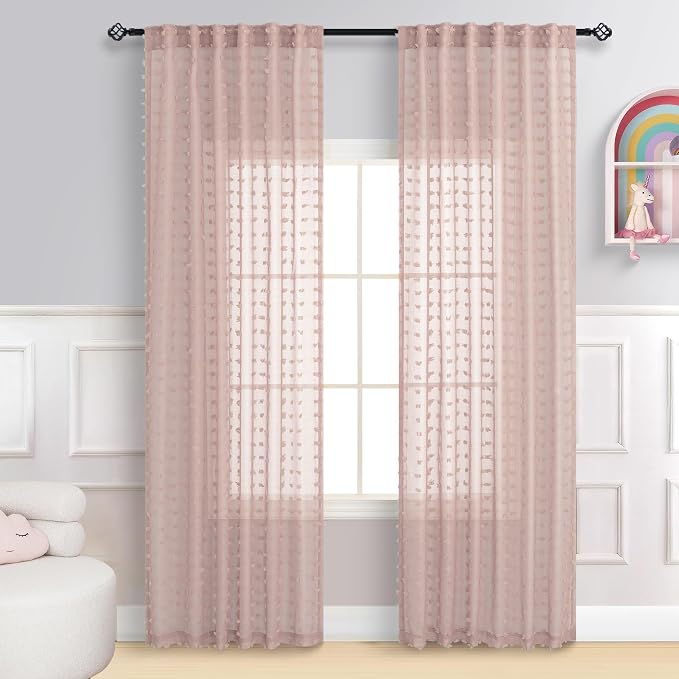DANCURTON Dusty Pink Sheer Curtains 96 Inches Long 2 Panels for Girls Bedroom Window Boho Pom Pom Sheer Semi Window Curtains Back Tab Rod Pocket Shabby Chic Pink Textured Curtain for Nursery 52x96