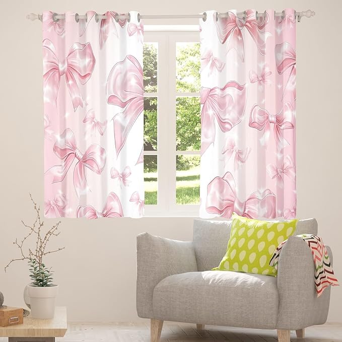 Erosebridal Bowknot Kids Curtain 42" Wx63 L,Pink Kawaii Bow Window Curtain for Girls Princess Room Decor,Cute Bow Print Window Treatments Girly Bow 30%-50% Blackout Curtains for Bedroom