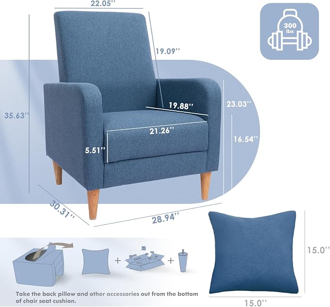 COLAMY Mid-Century Modern Accent Chairs Set of 2, Fabric Upholstered Living Room Chairs with Back Pillow & Solid Wood Legs, Comfy Armchair for Living Room, Bedroom, Single Sofa, Blue