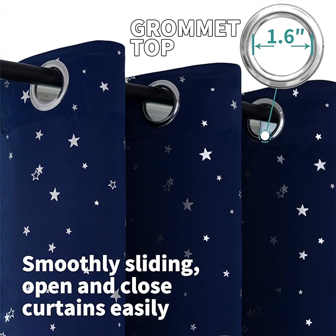 BGment Navy Star Blackout Curtains for Kid's Bedroom - Grommet Thermal Insulated Room Darkening Printed Curtains for Living Room, Set of 2 Panels (42 x 84 Inch, Dark Blue)