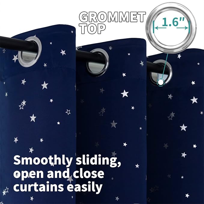 BGment Kids Blackout Curtains for Bedroom - Grommet Thermal Insulated Room Darkening Silver Star Printed Curtains for Living Room, Set of 2 Panels (52 x 84 Inch, Navy Blue)