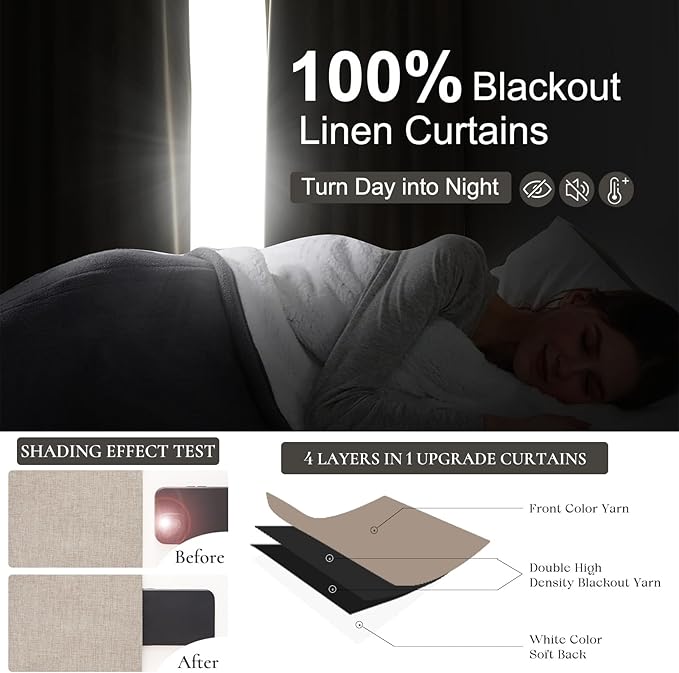 QJmydeco Small Blackout Kitchen Curtains 48 Inch Length, Rustic Farmhouse Pleat Burlap Basement Curtains for Small Window Room Darkening Privacy Drapes Back Tab (2 Panels 50" W x 48" L, Linen)