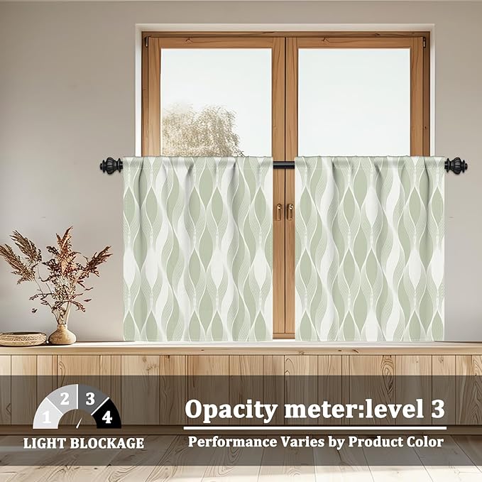 Renaiss 26 x 36 Inch Green Wave Stripes Cafe Kitchen Curtain Tiers Geometric Pattern Cafe Short Curtains Linen Textured Pinstripe Rod Pocket Window Treatmen Curtain for Dining Room Bathroom 2 Panels