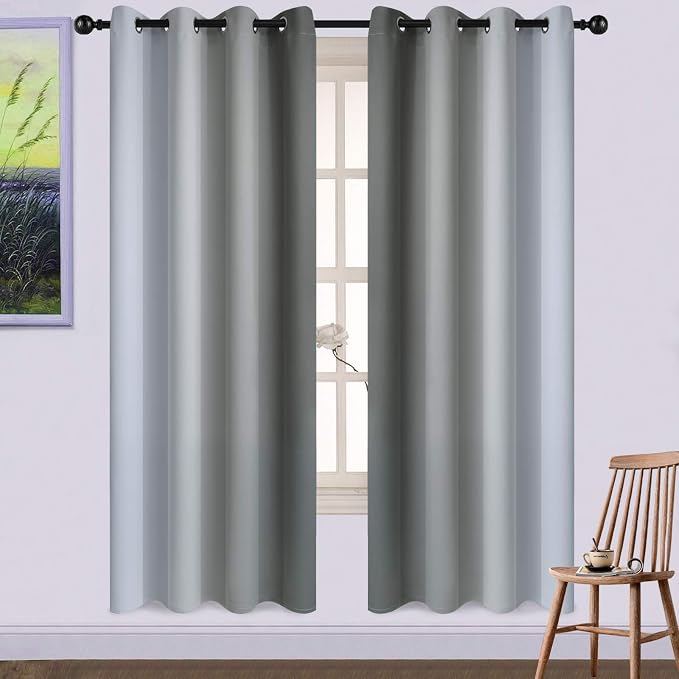 Yakamok Gray and Greyish White Thermal Insulated Grommet Light Blocking Window Drapes,Room Darkening Gradient Color Ombre Curtains for Bedroom (52W x 72L / 2 Panels, One Pair) | Room Darkening Curtains 72,Thermal Insulated Gradient Color Drape,Light Bl...