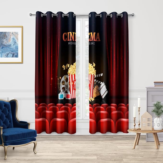 Jekeno Popcorn Movie Clapboard Blackout Curtains - Cinema Theater Background Print Drapes Decor Home Apartment Bedroom Living Room Darkening Grommet Window Treatments 2 Panels Set,Red 52x84 Inch