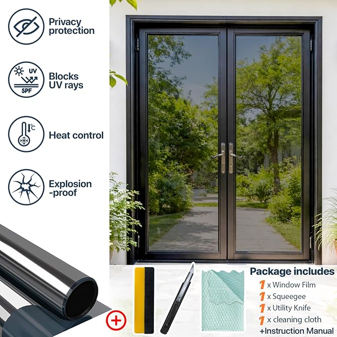 Bloss One Way Privacy Window Film, Reflective Window Tint for Home, Daytime Privacy Film See Out Not in, Sun Blocking Anti UV Windows Coverings with 3 Tools (Black Silver, 35.4"x118.1")