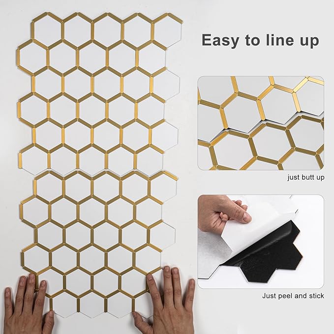 10-Sheet Hexagon Peel and Stick Backsplash Tile Polished White Tile Look Mixed Gold Kitchen Backsplash Peel and Stick Wall Tiles