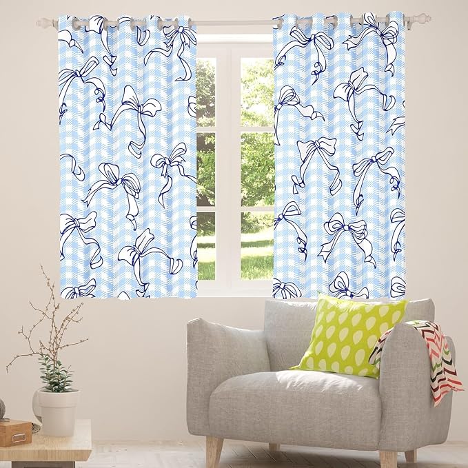 Feelyou Kawaii Bow Room Darkening Blackout Curtain Plaid Girls Bow Curtains for Bedroom Living Room Cute Bowknot Blackout Curtains (2 Panels, 52 x 63 Inch) Lovely Grid Window Treatments