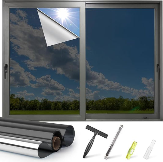 Kromapolis One Way Window Privacy Film Reflective Mirror Home Window Tint, Daytime Privacy Heat Control Anti UV Glass Tinting Static Cling (Black-Silver, 45.2 x 157.4 inch)