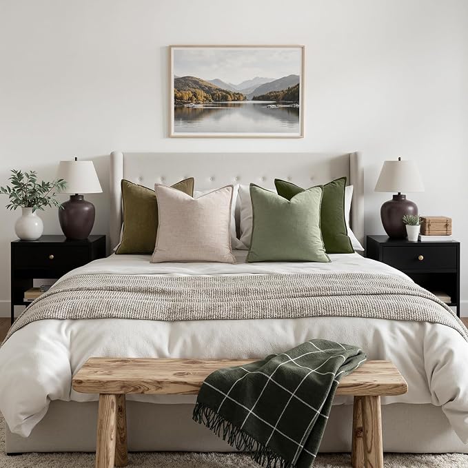 MIULEE Green and White Boho Linen Pillow Covers 18x18 Inch Pack of 4 | Natural Throw Pillow Covers Soft Farmhouse Couch Pillowcases Modern Decor for Living Room Bed Sofa