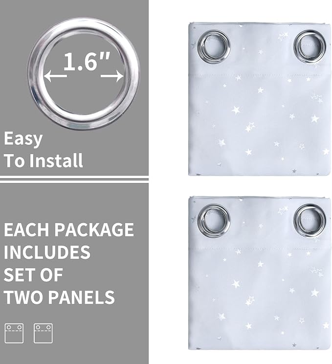 BGment Kids Room Curtains for Bedroom - Grommet Thermal Insulated Silver Star Print Room Darkening Curtains for Living Room, Set of 2 Panels, 42 x 72 Inch, Greyish White