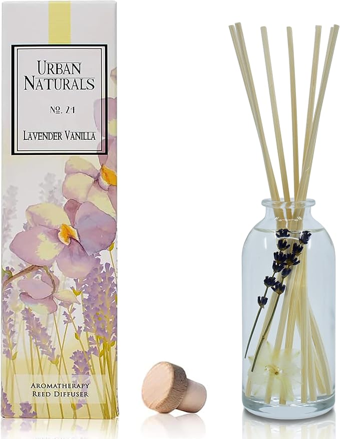 Urban Naturals Reed Diffuser Set, Lavender Vanilla - Bathroom Shelf Décor | Room Scent Infuser with Real Lavender & Natural Flowers, Soothing Scent Makes a Great Housewarming Gift