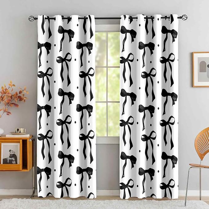 LUVIVIHOME Black and White Bow Curtains, Cute Black Bow Blackout Curtains for Girls Bedroom Living Room, Modern Aesthetic Bowknot Girly Room Decor, Grommet Window Drapes 2 Panel Sets, 42x84 Inch
