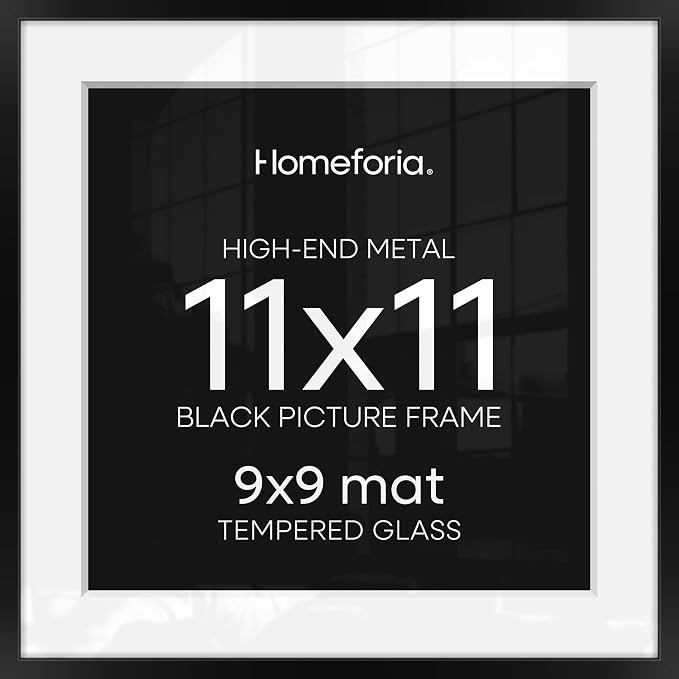 Homeforia 11x11 Picture Frame Black, High End Metal 11 by 11 Square Frames with Mat 9 x 9 Opening, 11by11 Poster Frames Matted to 9x9 inch Photo, Wall Hanging Frame, Tempered Glass, Wall Kit, Set of 3