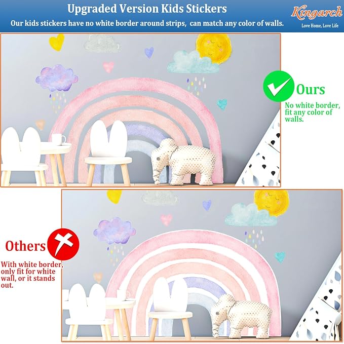 Large Boho Rainbow Wall Decals, Clouds Sun Hearts Peel and Stick Fabric Nursery Wall Decor, Removable Home Room Wall Decor Murals Stickers for Kids Girls Toddler Bedroom Living Room Playroom