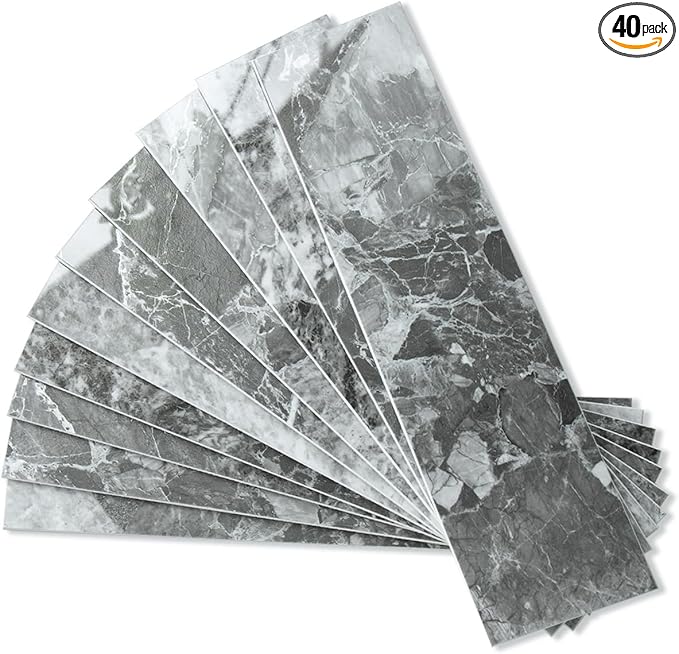 AULIGET 40-Piece Polished Grey Marble with Silver Peel and Stick Backsplash Wall Tiles, 3" x 12" PVC Faux Stone Stick on Tiles for Backsplash Kitchen, Bathroom, Laundry Room, Camper, Fireplace