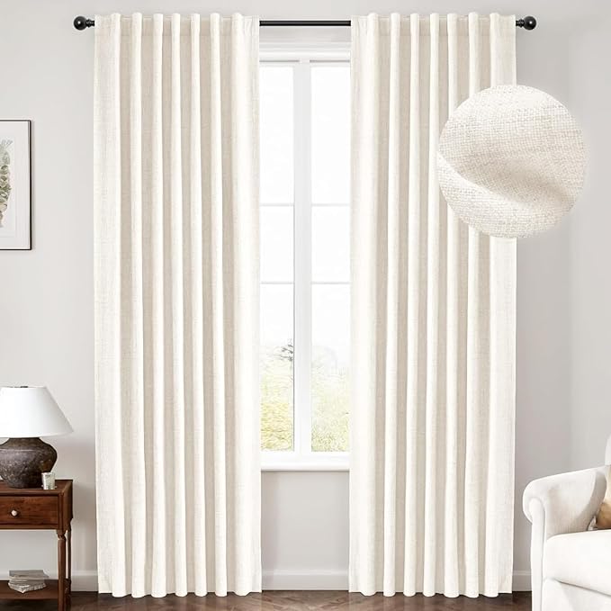 INOVADAY 100% Blackout Curtains 90 Inches Length 2 Panels Set, Back Tab/Rod Pocket Linen Black Out Curtains for Bedroom, Thermal Insulated Window Drapes - Beige White, W50 X L90