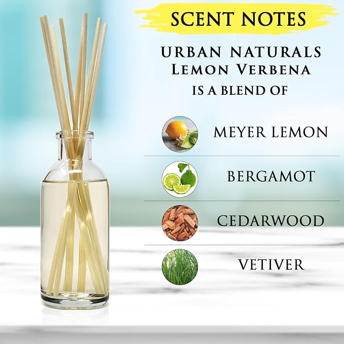 Urban Naturals Reed Diffuser Set, Lemon Verbena - Bathroom Shelf Décor | Reed Sticks, Tart, Citrus with fruity notes of Bergamot & Greens, A Cheerful Gift Idea, Made in the USA