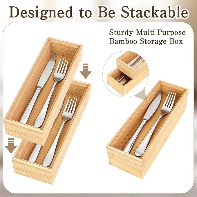 10 Pcs Bamboo Drawer Organizer 9 x 3 x 2 Inch Stackable Bamboo Silverware Tray Wooden Utensil Storage Box Small Gadget Holder for Kitchen Bathroom and Vanity