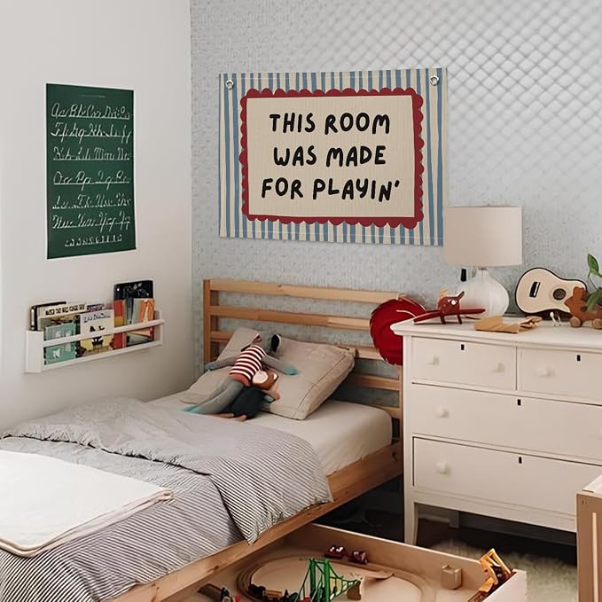 Playroom Decor Wall Banner "This Room Was Made For Playin'" 20x30 Inch - Nursery Canvas Art, Kids Bedroom Hanging, Linen Toddler Play Area Sign, Children's Canvas Flag Decor - Vintage