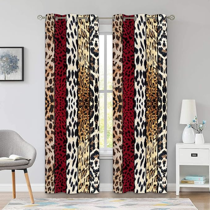Wild Animal Print Curtain, Room Darkening Thermal Insulated Blackout Leopard Boa Window Drapes with Grommets for Living, Dining, Bedroom, Red Leopard Print, 42"x 84", 2 Panels