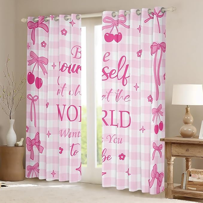 Erosebridal Cute Cherry Bow Window Curtain 52" Wx84 L,Pink Bow Kids Curtain Ribbon Bowknot Window Treatments for Girls Teen Women,Pink White Plaid Flower Stars Curtains & Drapes