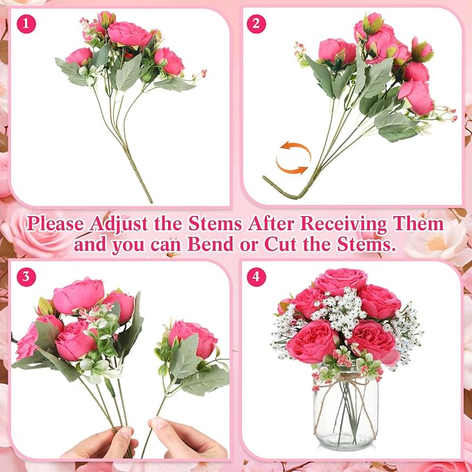 Zeyune 12 Sets Mason Jar Centerpiece Table Decorations, Artificial Peony Baby's Breath Flower Bouquets, Faux Flowers with Vase, Rustic Decor Gifts for Home, Wedding, Holiday (Hot Pink)