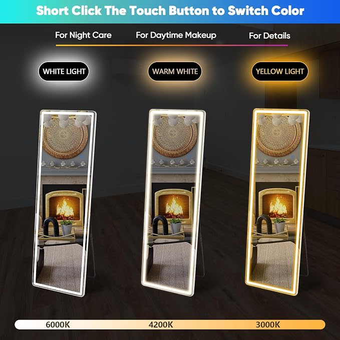 DUMOS Full Length Mirror Lighted, 20"x63" LED Floor Standing Mirror | LED Lights 3 Color Lighting and Shatterproof Tempered Glass, Wall Hanging or Leaning, Floor Standing, Modern Home Decor