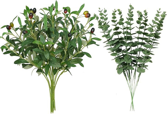 16Pcs Faux Olive Branches&Eucalyptus Branches, 18''Artificial Olive Stems 15''Eucalyptus Stems,Perfect Greenery for Vase,Centerpieces,Spring Decor,Home Decoration for Dining Room&Living Room