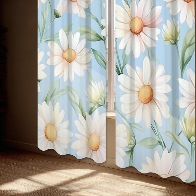 Shrahala Daisies Leaves Thermal Insulated Blackout Window Curtains, White Daisies On Blue Long Drapes for Bedroom/Living Room with Plastic Grommet, 52X63 Set of 2
