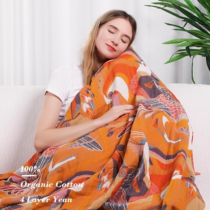 VANJOROY Boho Large Throw Blanket, 100% Organic Cotton Breathable Soft Bed Throw - Floral Bird Farmhouse Decor Blanket for Sofa Couch Chair Quilt and Gift. 91" x 98"- Colorful