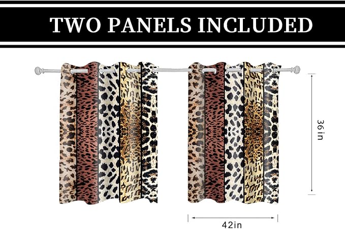 Wild Animal Print Curtain, Room Darkening Thermal Insulated Blackout Leopard Boa Window Drapes with Grommets for Living, Dining, Bedroom, Brown Leopard Print, 42"x 36", 2 Panels