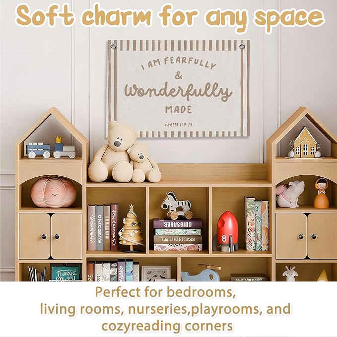 RTXLEZM Christian Nursery Decor, I Am Fearfully and Wonderfully Made Christian Canvas Banner Wall Hanging, Retro Religious Wall Art Prints for Kids Room Bedroom Playroom Classroom Decor, 20x30 Inch