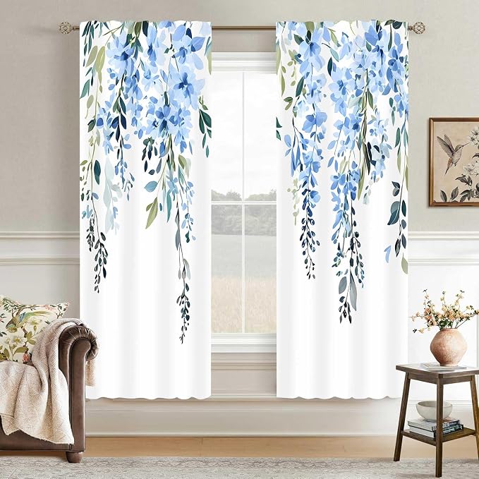 Blue Watercolor Floral Curtains, Botanical Leaves Vine Flowers Curtain, Rustic Farmhouse Flower Leaf Blackout Window Treatment Drapes for Bedroom Living Room 52x72 inch, 2 Panels