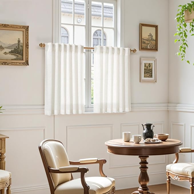 Nanspring 24 Inch Linen Curtains for Kitchen Beige White Small Window Semi Sheer Curtains Back Tab and Rod Pocket Light Filtering Drapes for Basement Short Cafe Curtain, 36 x 24 Inch,2 Panels