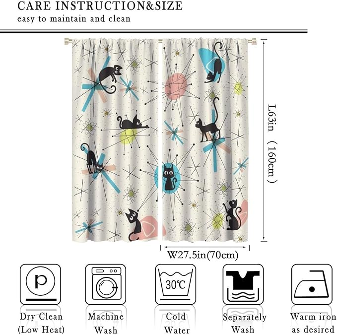 JESTRONRY Mid Century Curtains, Black Cat Atomic Stars Abstract Geometric Vintage Kitty Animal Room Darkening Door Window Rod Pocket Curtain for Living Room Bedroom 55x63in