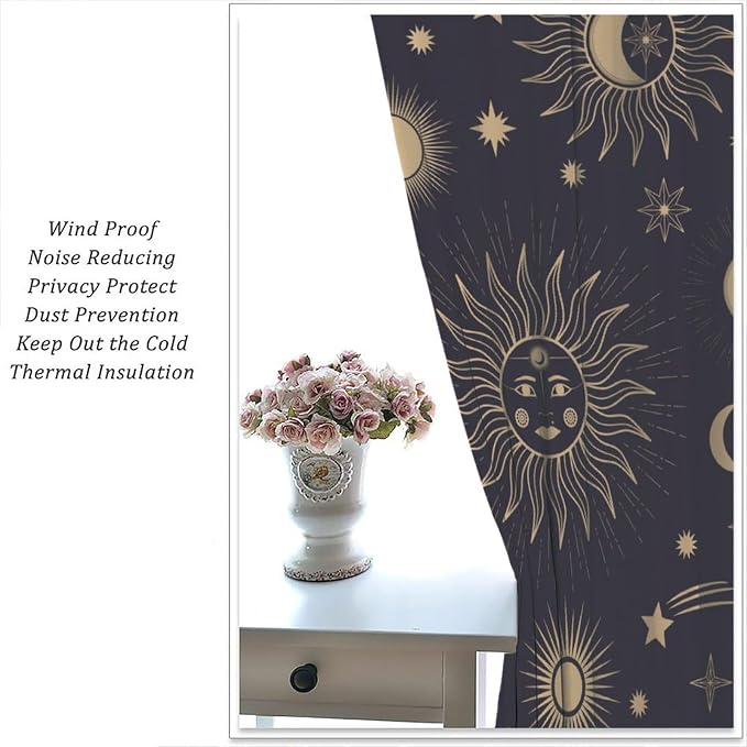 Sun Moon Blackout Curtains, Hand Drawn Sun Moon Stars Magic Space Galaxy Window Treatment Drapes for Bedroom Living Room 84" W X 84" L