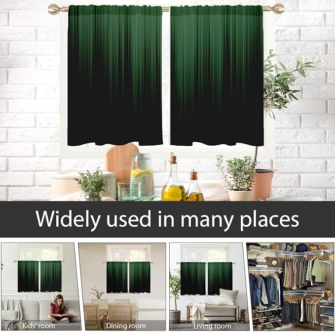 AAtter Green and Black Kitchen Curtains, Ombre 27.5" W x 39" L, 2 Panels | Modern Rod Pocket Bathroom Window Drapes, Dark Abstract Striped Style, Cool Anime Design, Trendy Gradient Small Short Tiers