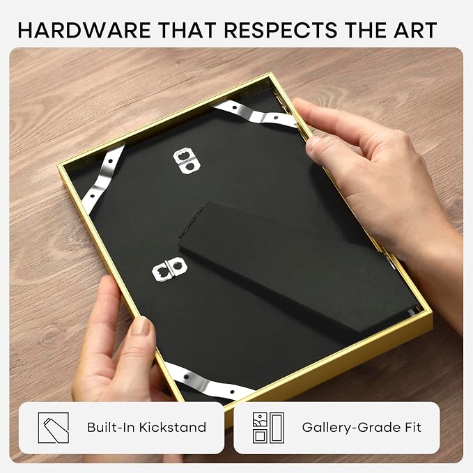 Homeforia 9x11 Gold Frame, High End Metal 9 x 11 Picture Frames with Mat 6 by 8 inch Photo, 9by11 Thin Poster Frame Matted to 6x8 Print, 11x9 Wall or Tabletop Frame, Tempered Glass, Wall Kit, Set of 2