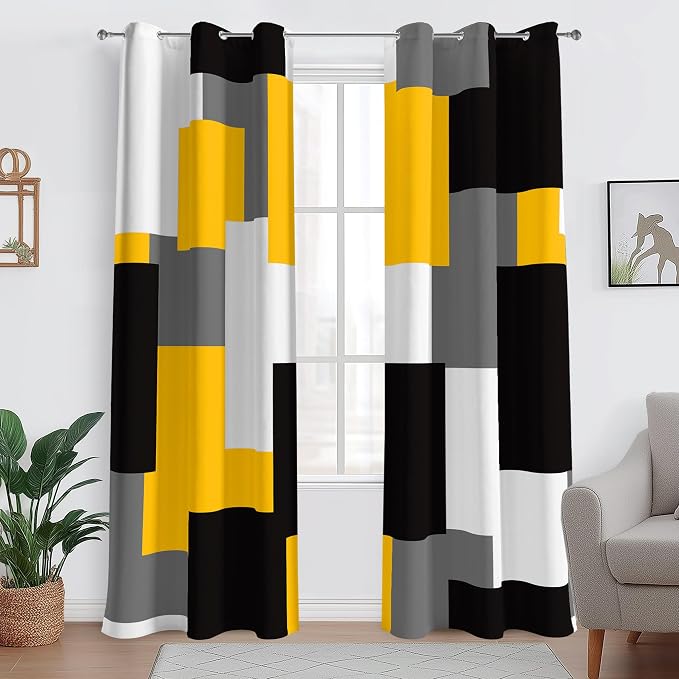 Tyrot Yellow 100% Blackout Curtains for Bedroom 96 inch Length 2 Panels Set White Grey Modern Abstract Geometric Black Out Curtains Insulated Room Darkening Window Drapes for Living Room, 42Wx96L