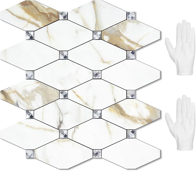 STICKGOO 10 Sheets Peel and Stick Backsplash, Calacatta Golden Stick on Mosaic Tiles for Kitchen Wall Decor, Self Adhesive Long Hexagon PVC Tile Kitchen Backsplash