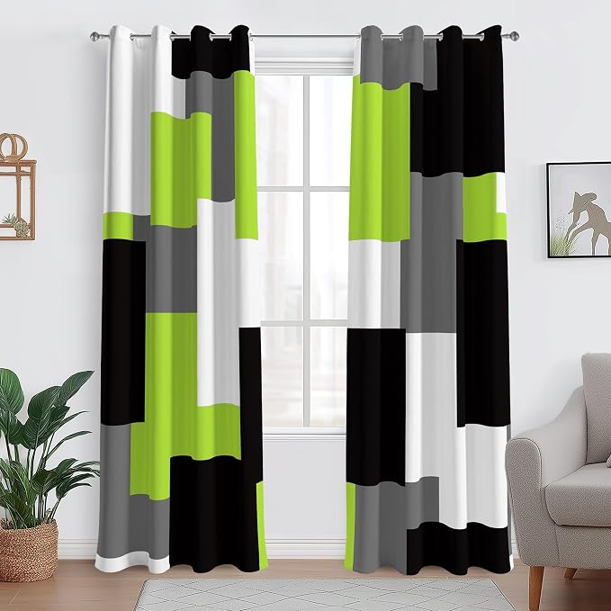 Tyrot Lime Green 100% Blackout Curtains for Bedroom 63 inch Length 2 Panels Set Light Fresh Modern Abstract Geometric Black Out Curtains Insulated Room Darkening Window Drapes for Living Room, 52Wx63L