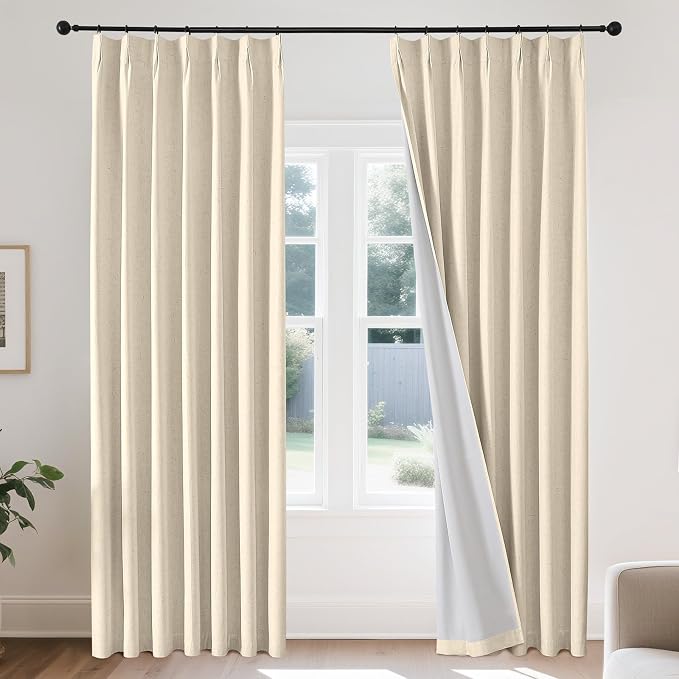 Joydeco Pleated Curtains for Living Room Bedroom, Linen Drapes 90 inch Length 2 Panels Set, Blackout Thermal Insulated Curtain(Bleached Sand,40'' Wx90'' L)