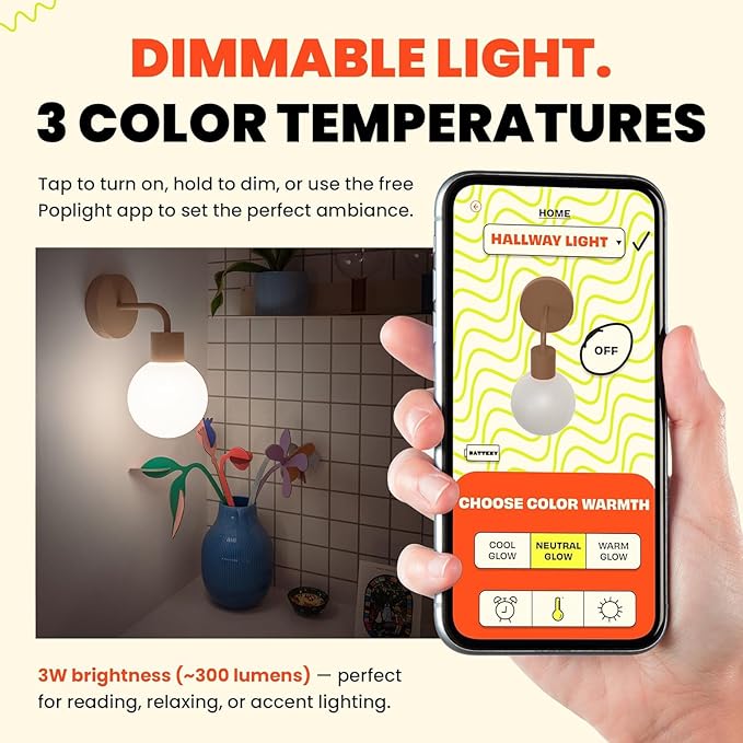 Poplight Wireless Wall Sconce (Shark Tank) Rechargeable & Dimmable LED Light w/App Control & Damage-Free Install, Moveable Modern Ambient Lighting for Elegant Home & Bedroom Decor | Mushroom