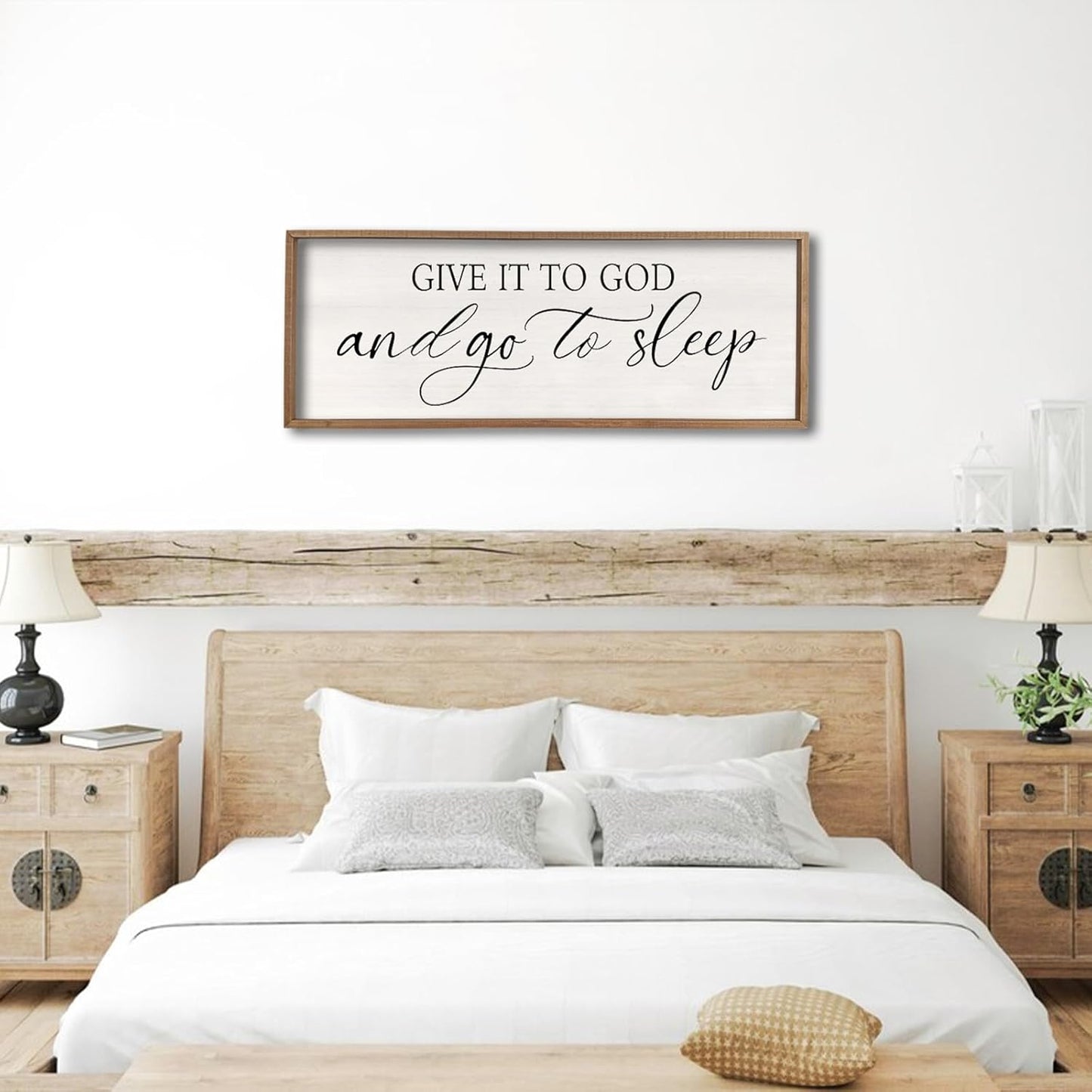 comurdyo Give It To God And Go to Sleep Sign 40''×15'' Master Bedroom Above Bed Wall Decor Wood Framed Couple Large Farmhouse Guest Room Rustic Simple Over Bedside Wall Art Hanging Decor (Wood)