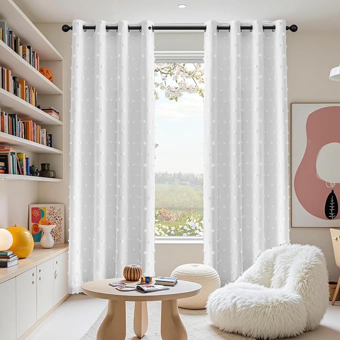 MEETSKY White Blackout Curtains for Kids Bedroom 95 Inch Length 2 Panels,Thermal Curtain Full Light Blocking Grommet Window Curtains with White Pom Pom for Living Room/Nursery Bedroom,52" W x 95" L